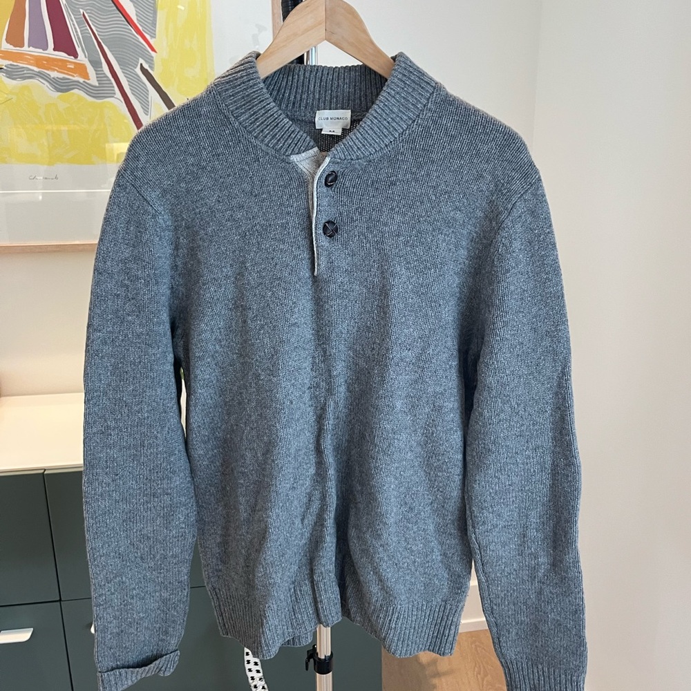 100% wool Club Monaco pullover sweater with leather buttons/ patch